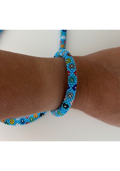 Chichibeads Mavi Papatya Desenli Kolye Bileklik Set Beyaz - Mavi