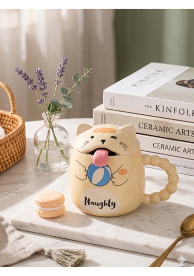 Sevimli Kedi Kapaklı Kaşıklı Seramik Kupa Sarı