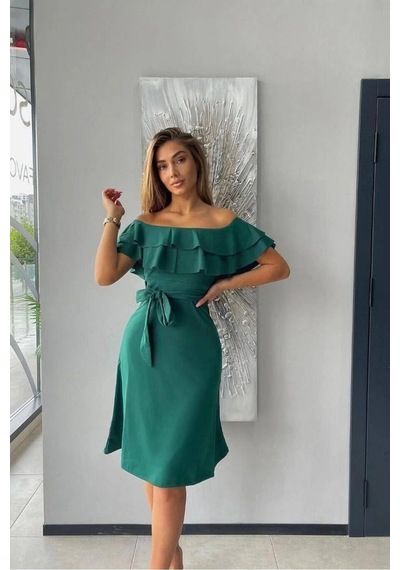 Genel Markalar Kadın Krep Kumaş Kayık Yaka Kuşaklı Abiye Elbise Siyah - 917165977 Siyah