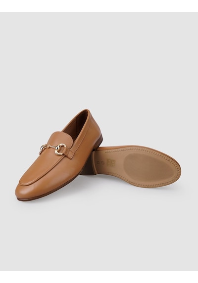 Hakiki Deri Taba Tokalı Kadın Loafer Taba