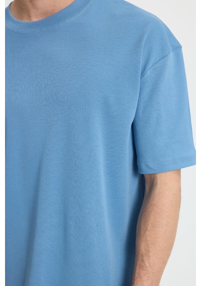 Tudors Unisex Oversize Geniş Kesim %100 Pamuk Yumuşak Dokulu Basic Bisiklet Yaka İndigo Tişört-35180 Çok Renkli