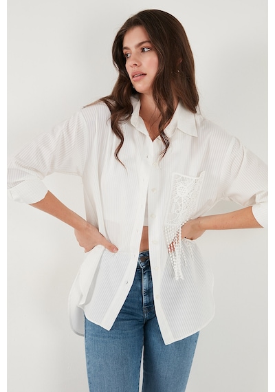 Lela Regular Fit Güpürlü Cep Detaylı Uzun Kollu Bayan Gömlek 6773215 Beyaz