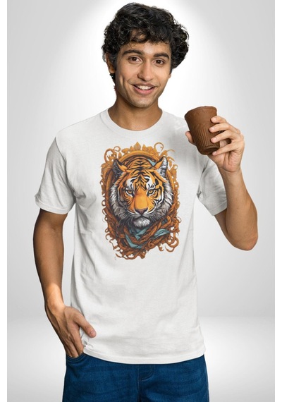 Kaplan Süs Unisex Unisex Beyaz Organik Baskılı T-shirt Penye Yüksek Kalite Beyaz