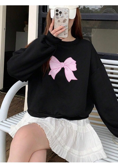 Startmore Block Bow Print Crew Neck Long Sleeve Black Sweatshirt,fall Clothes Çok Renkli