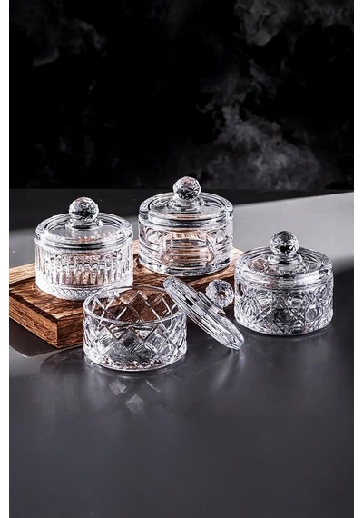Deconox Lüx Kristal Kapaklı Cam Şekerlik & Cam Lokumluk, Kesme Cam Lüx Şekerlik 10cm 10.5cm - 4 Model 06648 Genel