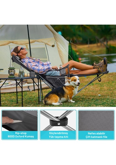 Kingcamp Wıllow Aerocomfort Lounge 4 Pozisyonlu Yatabilen Kamp Sandalyesi Gri - Siyah