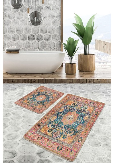 Realhomes Real Homes Turuncu Zeminde Uşak Motifli Geleneksel Avangarde Etnik Motifler 2'li Banyo &amp Mutfak Paspas Ta Genel