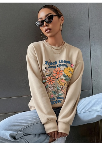 Uyguntarz Unisex Teach Them Love Them Baskılı Oversize Bisiklet Yaka Sweatshirt Bej