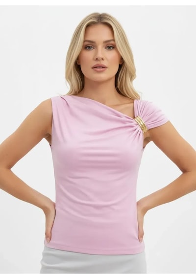 Kadın Kayık Yaka Omuzları Büzgülü Detay Tokalı Slim Fit Modal Bluz 26002 Pembe