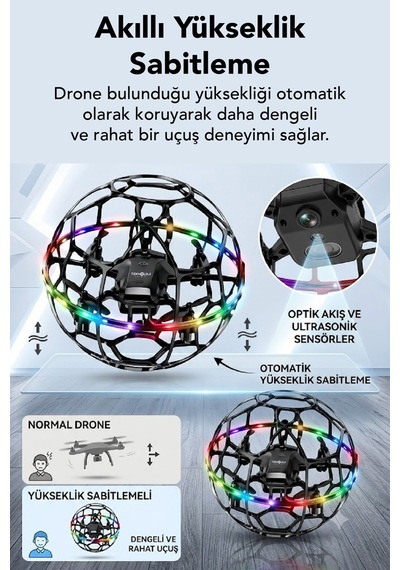 R34 360 Korumalı Futbol Top Drone Hd Kameralı Led Işıklı Yükseklik Sabitlemeli Uzaktan Kumandalı Akıllı Drone
