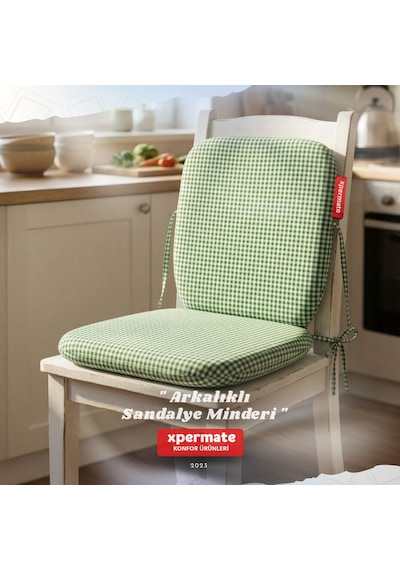 Pötikare Sırtlıklı Sandalye Minderi 42x42 Fermuarlı Yıkanabilir Kılıf Bağcıklı Minder Standart Fit Yeşil