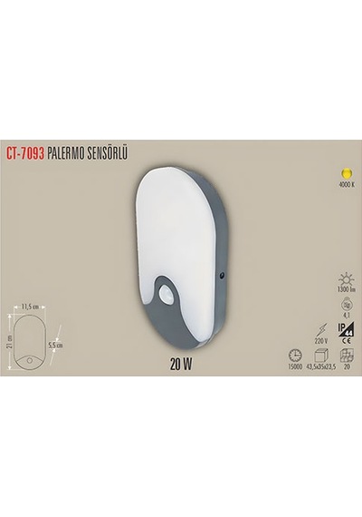 Cata 20w Ct-7093 Palermo S/ü Led Armatürü Sensörlü 4000k Alüminyum - Beyaz