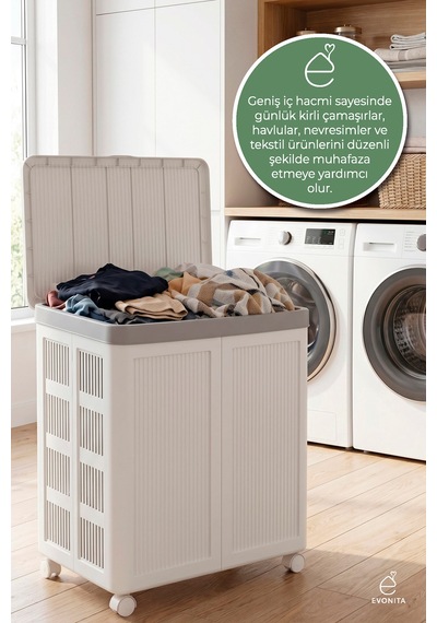 100 Litre Çamaşır Sepeti Tekerlekli Katlanabilir Kirli Sepeti Organizer Büyük Boy Yer Kaplamaz Krem