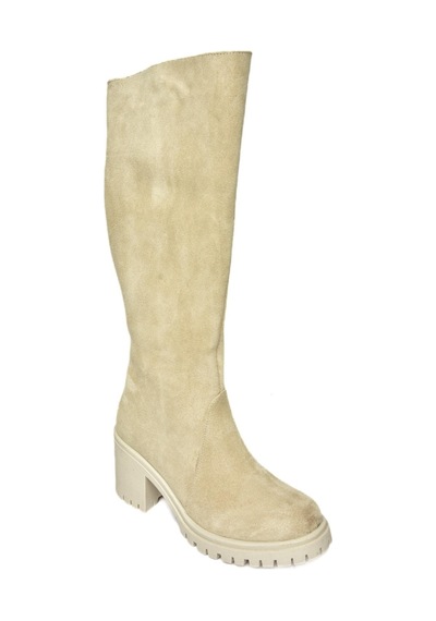 Fox Shoes R654047702 Bej Hakiki Deri Süet Kalın Topuklu Kadın Çizme Bej
