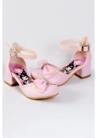 Nese Shoes Kız Çocuk Karakter Baskılı Topuklu Ayakkabı, Simli Fiyonklu Abiye Ayakkabı Pembe