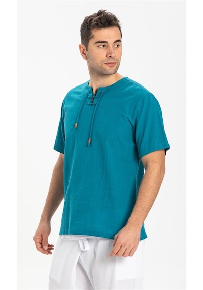 Kısa Kol Şile Bezi Zımbalı Erkek Tshirt Petrol 3053