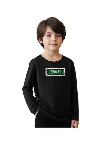 Panios Kids Düz Yuvarlak Yaka Urbaan Baskı Detaylı Erkek Çocuk Sweatshirt Siyah