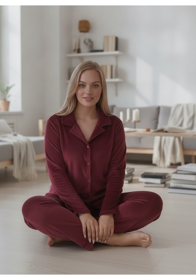Estiva Kadın Önden Düğmeli Büyük Beden Kadife Pijama Takımı Bordo