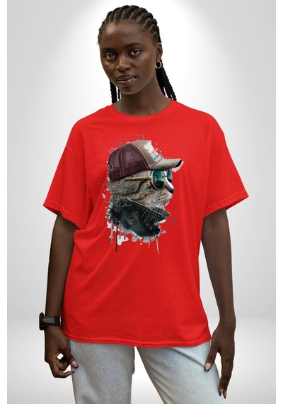Pilot Çeketli Deri Şapkalı Cool Kedi Pamuklu Bisiklet Yaka Unisex Oversize Boyfriend Dijital Baskılı Kırmızı T-shirt Kırmızı