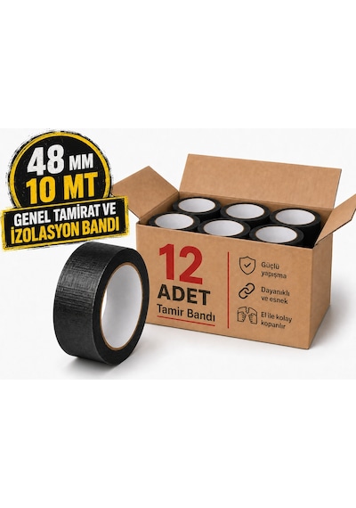Sanplaza Siyah Tamir ve İzolasyon Bandı 48mm 10mt Suya Dayanıklı Duct Tape Sırdırmazlık Bandı 12Adet