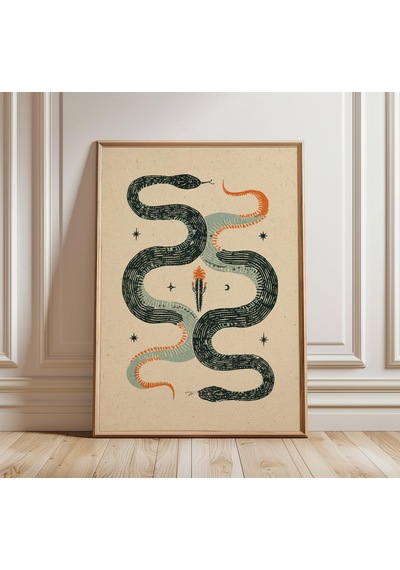 Yılan Linol Baskı Gizemli Yılan Duvar Sanatı Çöl Göksel Posteri Boho Ev Dekorasyonu