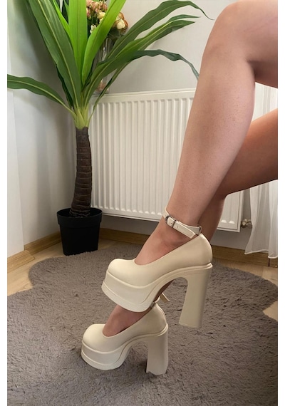 Preshley Kadın Elanor Krem Cilt Bilekten Bağlamal 12 Cm Platform Topuklu Ayakkabı-krem Cilt Krem