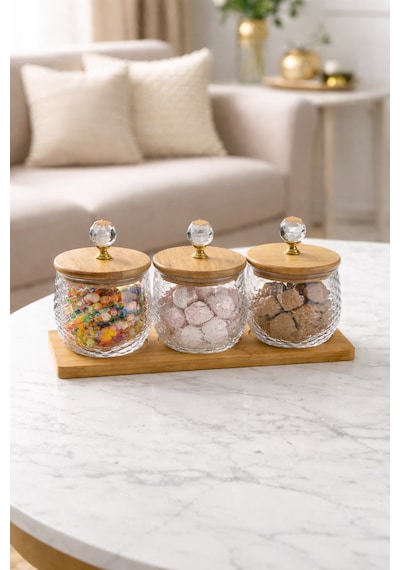Kristal Kulplu Cam Kavanoz 8x8 Cm Seti 3 Lü Bambu Kapaklı & Ahşap Altlıklı Dekoratif Saklama Kabı Şeffaf