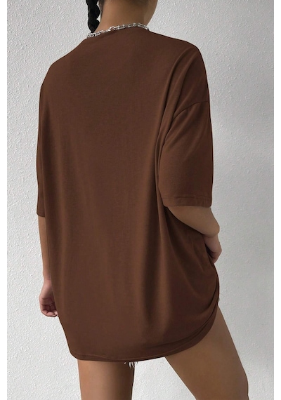 Unisex Dreamer Baskılı Oversize Tshirt Kahverengi