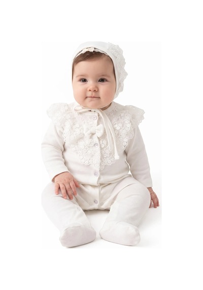 Bebegen Kız Bebek Ekru Tüllü Dantelli Bereli Patikli Tulum