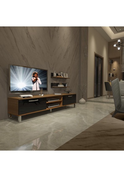 Decoraktiv Eko 4 Slm Dvd Krom Ayaklı Tv Ünitesi Tv Sehpası Ceviz - Siyah