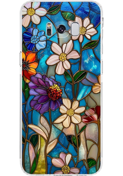 Printify Samsung Galaxy S8 Plus İle Uyumlu Vitray Mavi Bahar Tasarımlı Şeffaf Silikon Kılıf Şeffaf