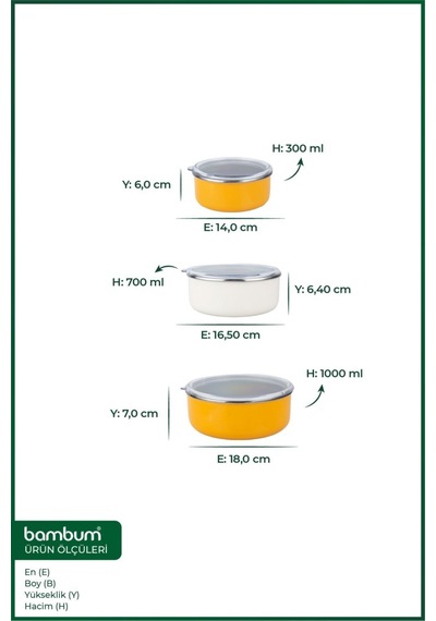 Bambum Lumino 3 Lü Emaye Saklama Kabı Hardal B7692 300+700+1000ml Sarı