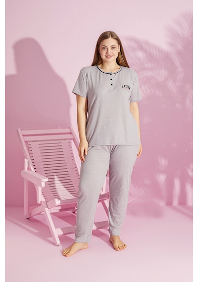 Rindahomewear Büyük Beden Fitilli Kısa Kol Pijama Takımı MÜRDÜM