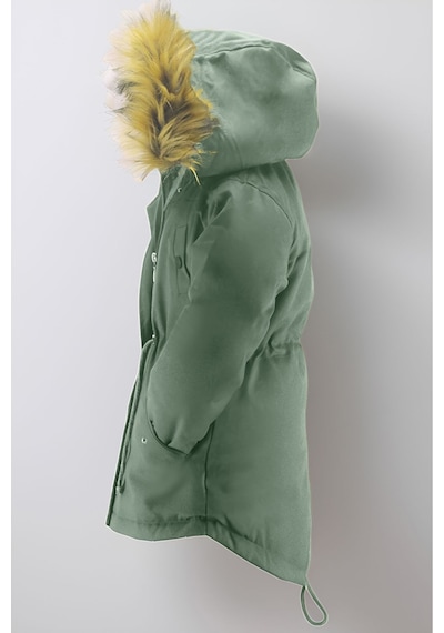 Asortix Unisex Kız/erkek Çocuk Kışlık Kanvas Kumaş Büzmeli Diz Üstü Içi Kürk Kapüşonlu Kaban Mont-mnt-0005 Mint Yeşil
