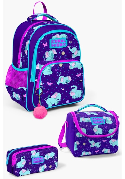 Coral High Kids Mor Pembe Fil Desenli 3'lü Okul Çanta Seti Set0114411
