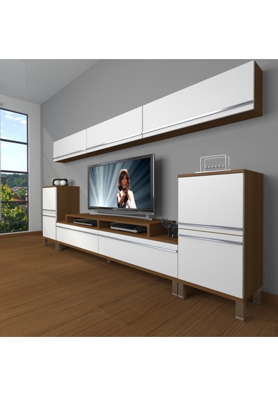 Decoraktiv Ekoflex 9 Mdf Krom Ayaklı Tv Ünitesi Tv Sehpası Ceviz - Beyaz