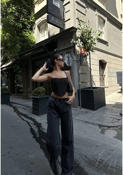 Tarzyeri Kadın Arkadan Yırtmaçlı Jeans Kot Palazzo Pantolon - Siyah Beyaz