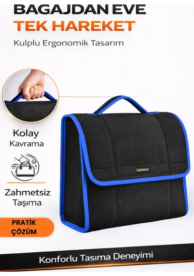 Oto Bagaj Organizer Bagaj Çantası M Boy Kaymaz Cırt Bantlı Velur Kompakt - Siyah Mavi