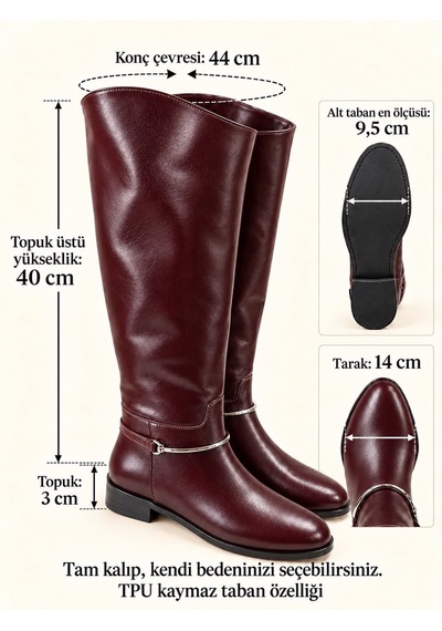 Dabab Shoes Rustle Kadın Bordo Kırışık Cilt Metal Halka Detaylı Sıcak Astarlı Kaymaz Taban 3 Cm Topuklu Uzun Konç Çizme