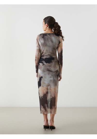 Lcw Vision Karışık Bisiklet Yaka Batik Desenli Kadın Bodycon Elbise Çok Renkli