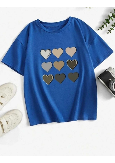 Kozia Outdoors Malkoçbey Kalp Baskılı Oversize Unisex Basic T-şhirt Mavi Mavi