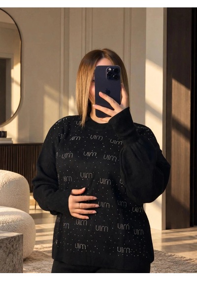 Elora Atelier Taş Detaylı Siyah Triko Takım