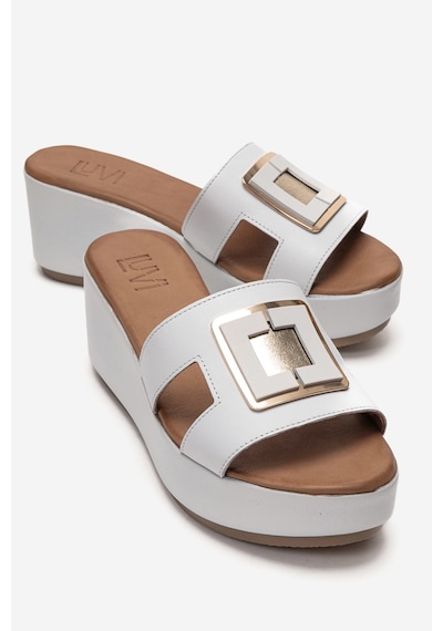 Luvishoes Hıola Beyaz Hakiki Deri Tokalı Kadın Dolgu Topuklu Terlik