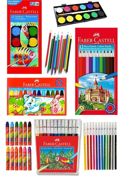 Öğrenci Boyama Seti 4 Lü Faber 12 Renk Sulu Boya Kuru Boya Pastel Boya Keçeli Kalem 12 Li Boya Set Faber Castell Okul Sınıf