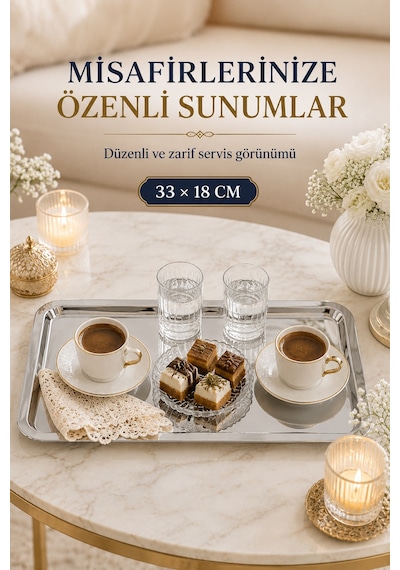 Premium Paslanmaz Çelik Sunum Tepsisi 33x18 Cm Şık Dikdörtgen Çay Kahve Servis Tepsisi Gümüş
