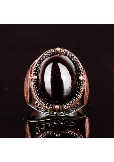 Doğal Garnet Taşlı Yüzük, Davut Yıldızı Yüzüğü - 925 Ayar Sert Gümüş Erkek Yüzüğü Gümüş