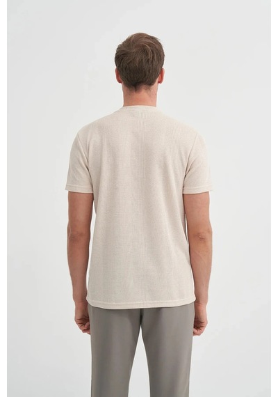 Cazador Slim Fit Bisiklet Yaka Örme Düz Tişört Bej