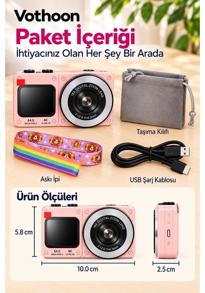 4k Dijital Fotoğraf Makinesi 18x Dijital Zoom 64 Mp Ön Ve Arka Ekranlı Kompakt Kamera Pembe Najmaddin Belirtilmemiş