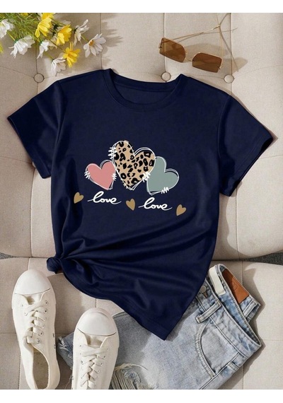 Uyguntarz Unisex Love Kalp Baskılı Tasarım Tshirt Lacivert