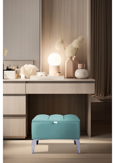 Vetra Mini Royal Turkuaz Kumaş Sandıklı Dekoratif Puf&bench-dilimli Model-gümüş Ayak-modern Puf